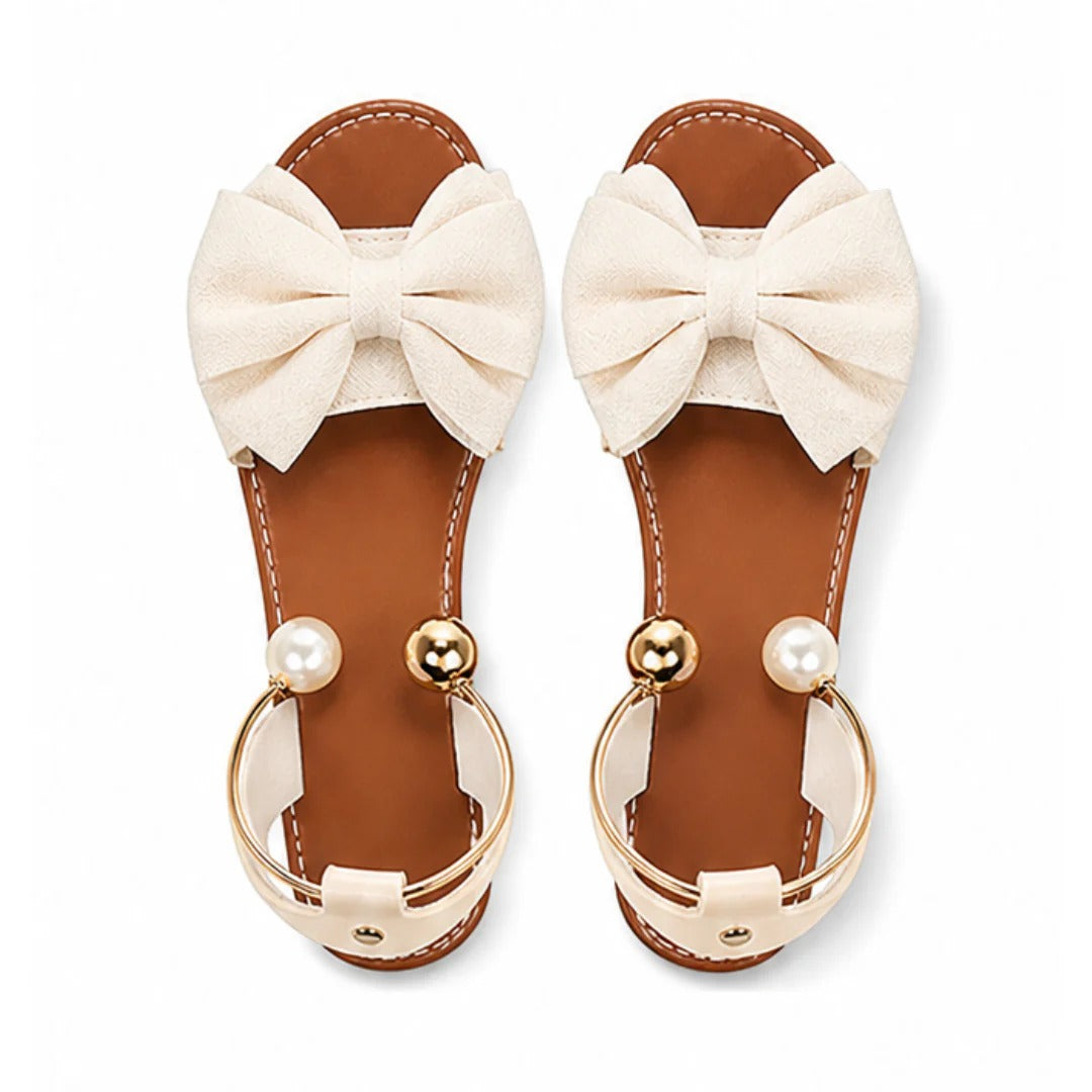 Bow Flat Sandals With Pearl Ankle Cuff