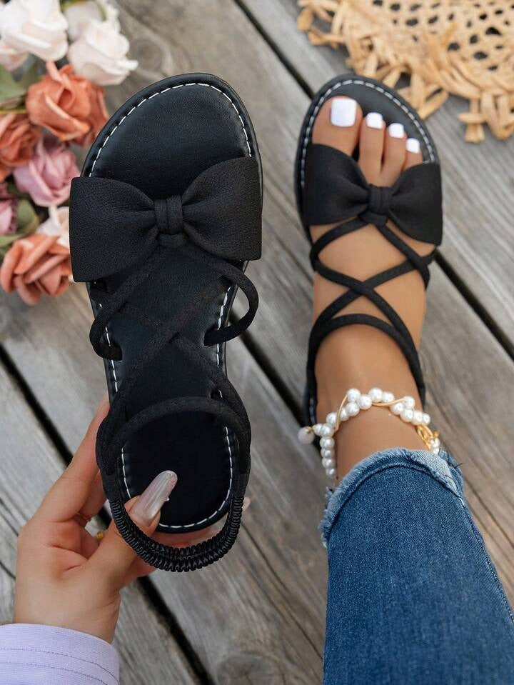 Women's Black Bowknot Summer Casual Flat Sandals
