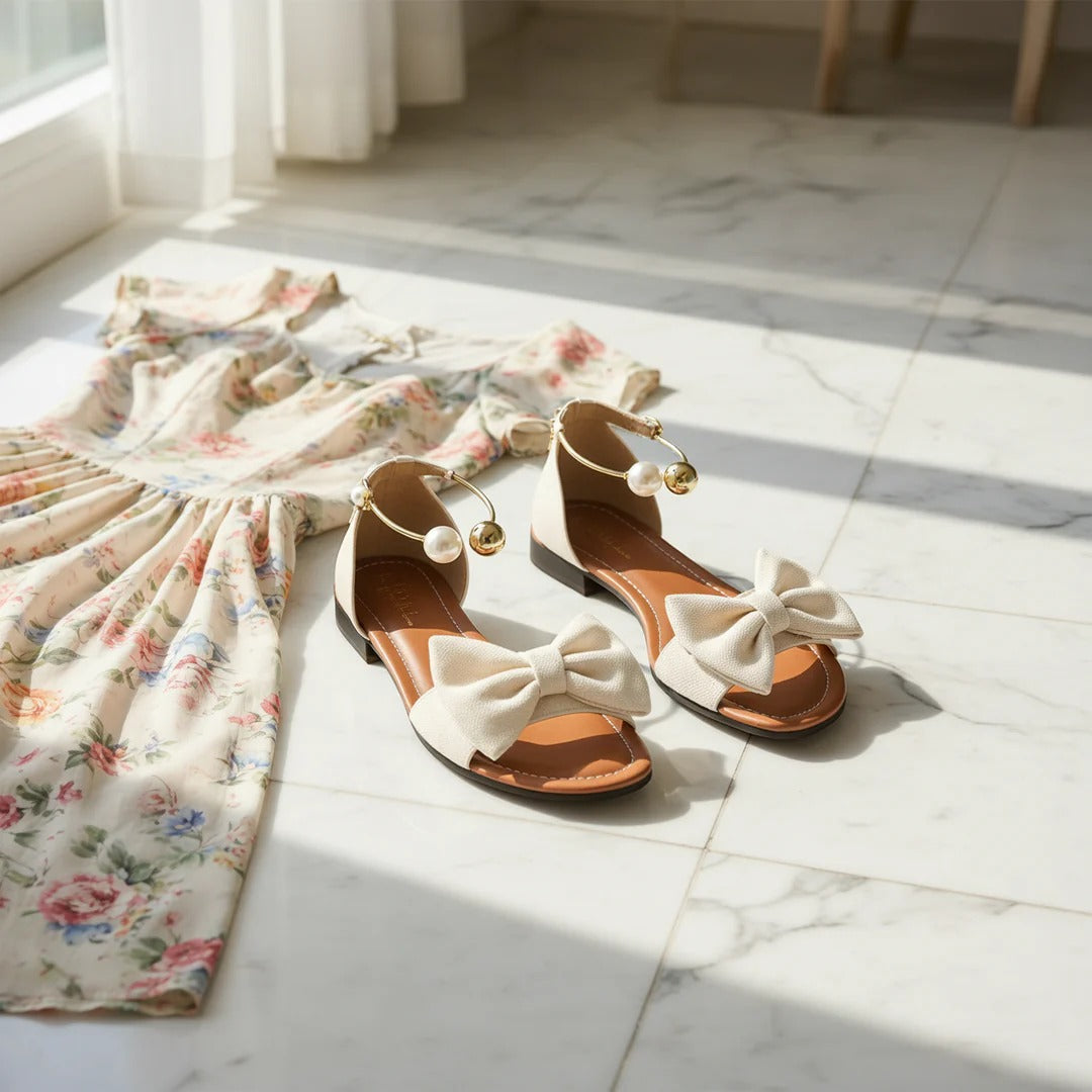 Bow Flat Sandals With Pearl Ankle Cuff